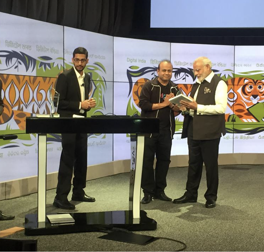 Hon PM Narendra Modi, Sundar Pichai, and Karl Mehta launching Digital India with Code for India at Google HQ, Mountain View, 2015