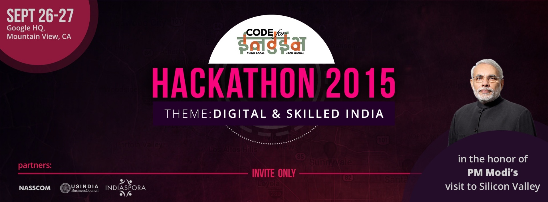 Hackathon 2015 official banner — Code for India at Google HQ, in honor of PM Modi's visit to Silicon Valley
