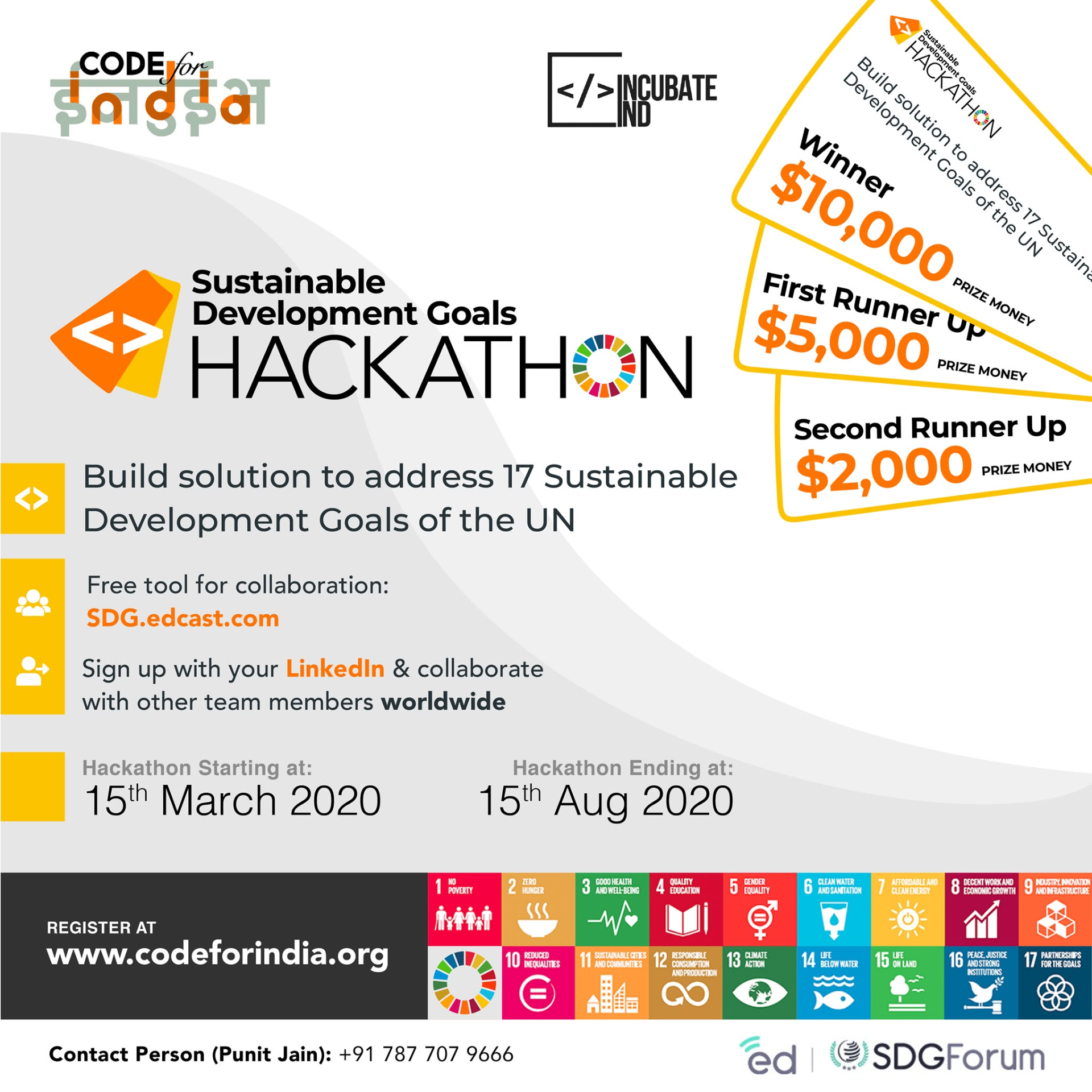 Sustainable Development Goals Hackathon 2020 — Code for India, in partnership with Incubate IND and SDG Forum